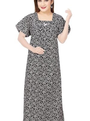 STYLACLUE Women's Pure Cotton Square Neck Printed Square Neck Nighty for Women's 3XL - Black